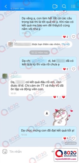 Phụ huynh báo kết quả thi vào lớp 6 trọng điểm — học viên 8020