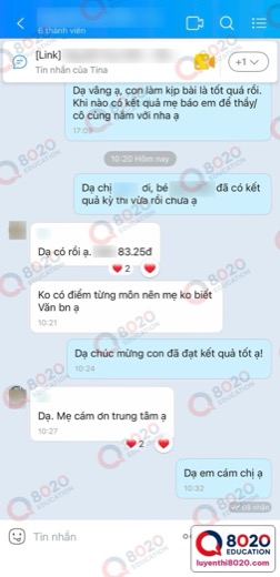 Phụ huynh báo kết quả thi vào lớp 6 trọng điểm — học viên 8020