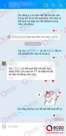 Phụ huynh báo kết quả thi vào lớp 6 trọng điểm — học viên 8020