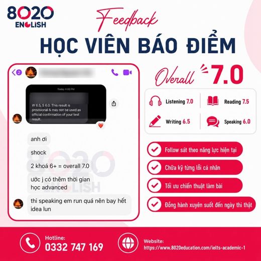 IELTS 7.0 — ảnh kết quả của học viên 8020