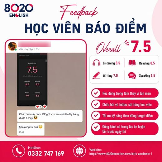 IELTS 7.5 — ảnh kết quả của học viên 8020