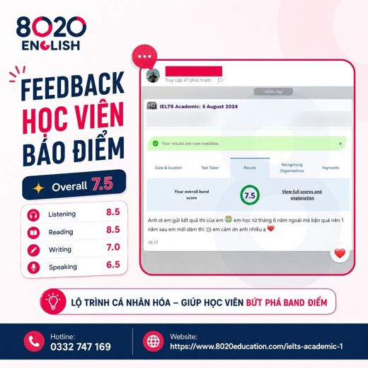 IELTS 7.5 — ảnh kết quả của học viên 8020