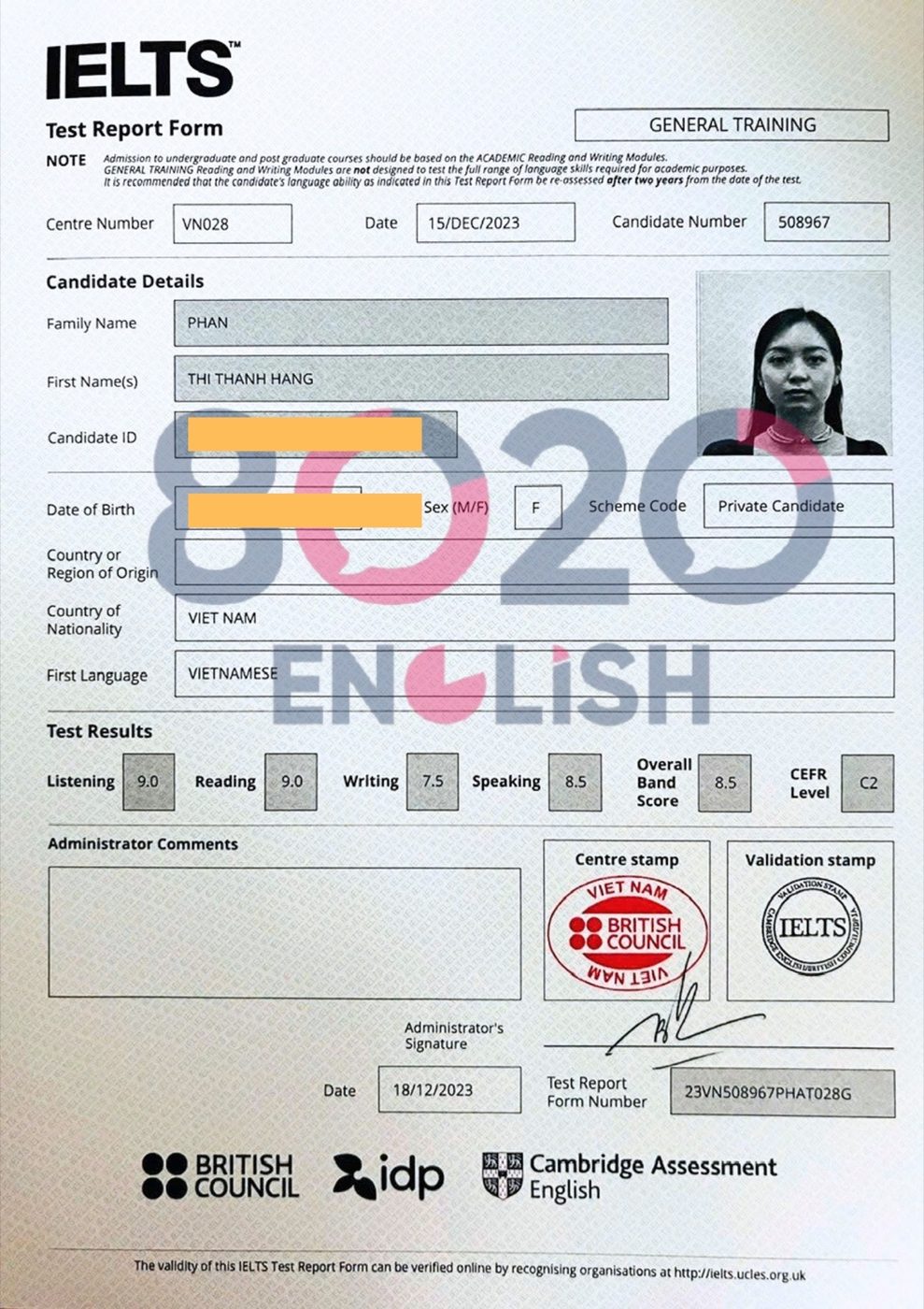 Bằng IELTS 8.5 — học viên 8020