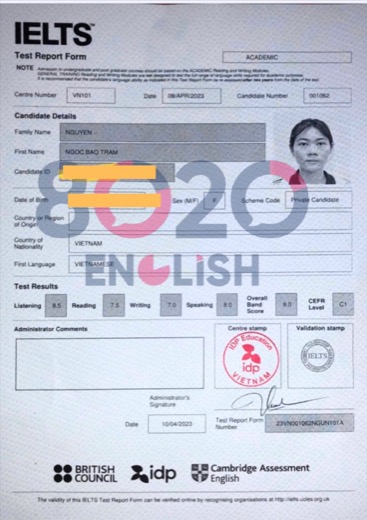 IELTS 8.0 — ảnh kết quả của học viên 8020