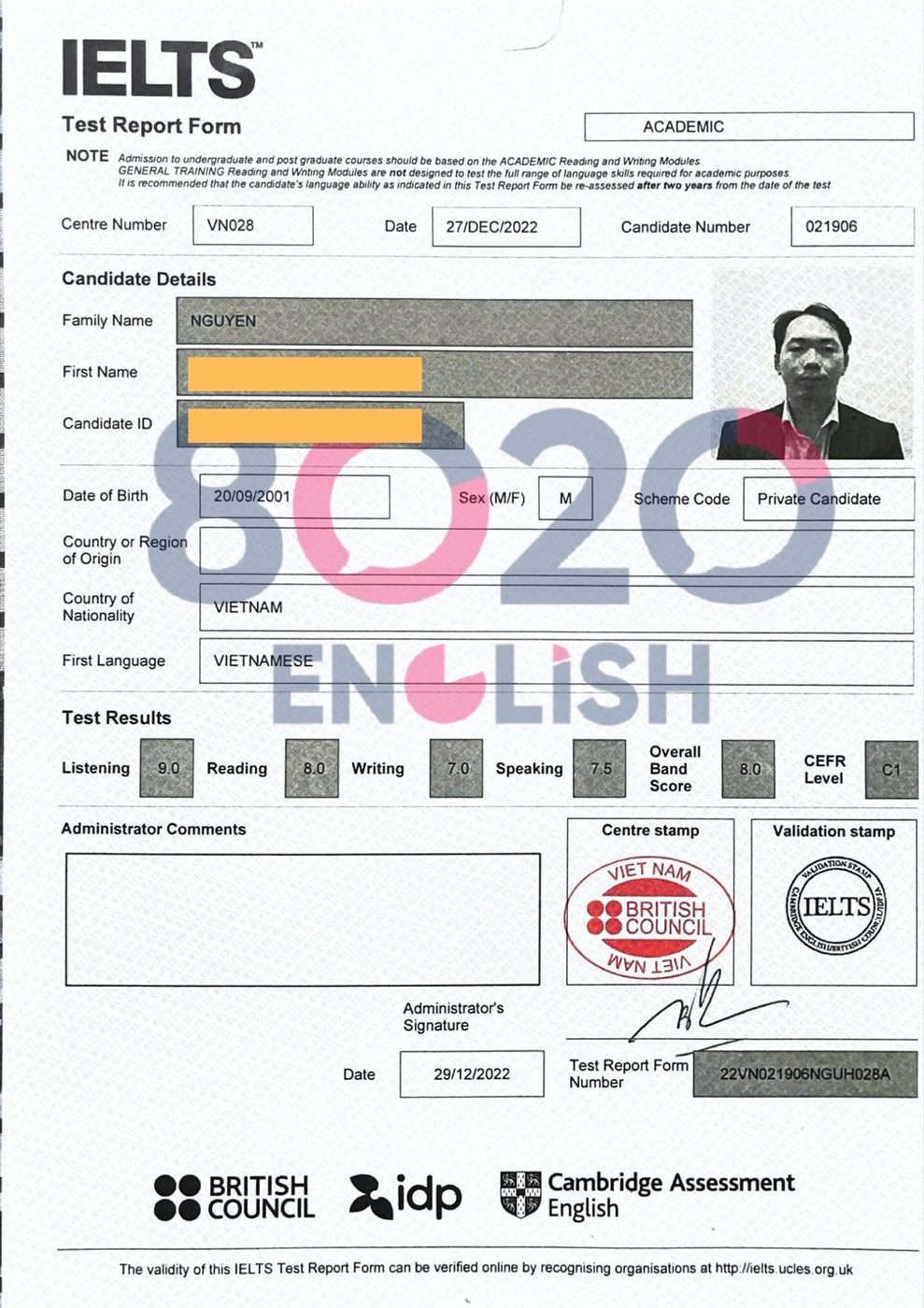 Bằng IELTS 8.0 — học viên 8020