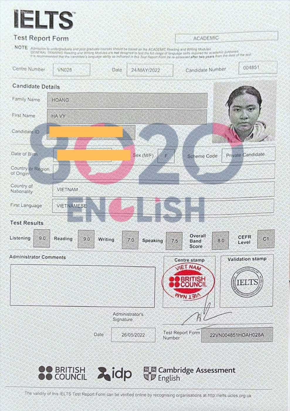 Bằng IELTS 8.0 — học viên 8020