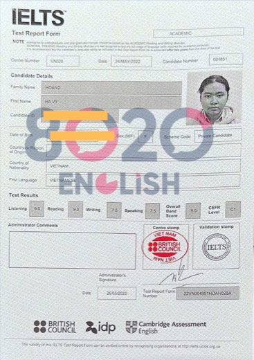 IELTS 8.0 — ảnh kết quả của học viên 8020