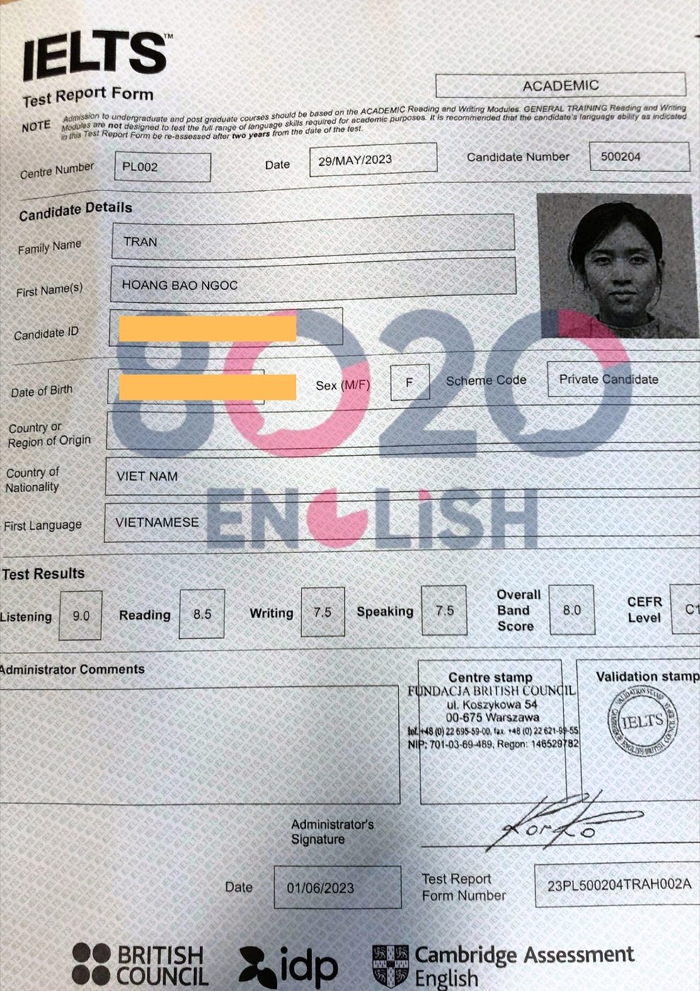 Bằng IELTS 8.0 — học viên 8020