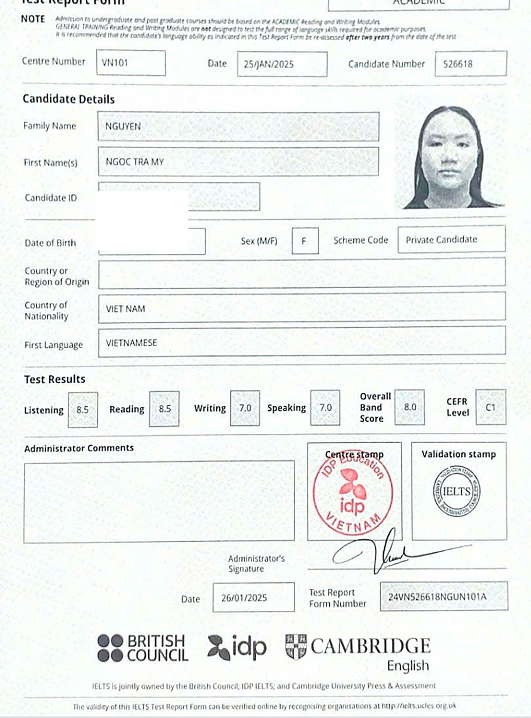 Bằng IELTS 8.0 — học viên 8020