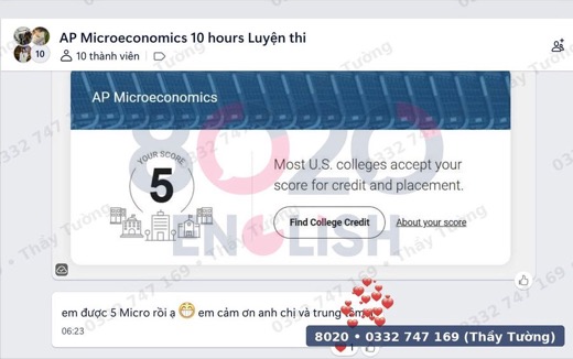 Học viên 8020 đạt AP Microeconomics 5/5 — chia sẻ trong nhóm lớp