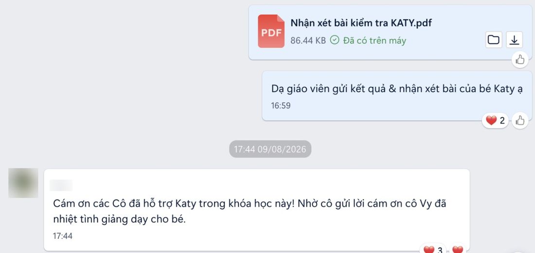 Phụ huynh cảm ơn sau khoá học — ảnh kết quả của học viên 8020