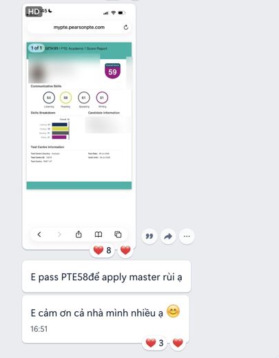 Học viên báo đạt PTE 59, vượt mức 58 để apply thạc sĩ