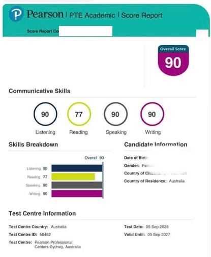 Bảng điểm PTE Academic 90 của học viên 8020