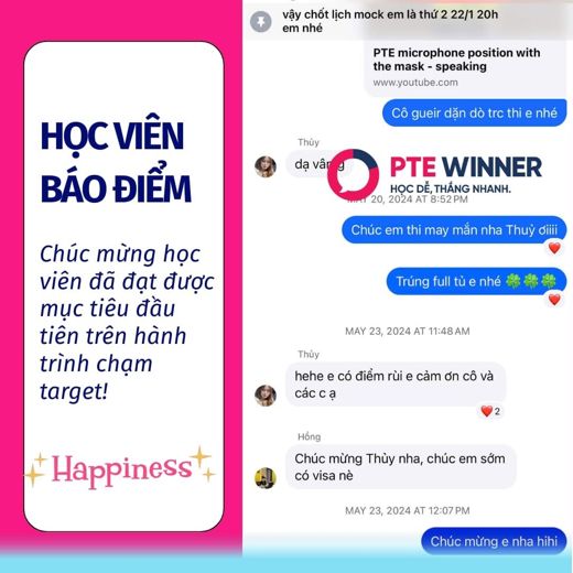 Tin nhắn học viên PTE báo đã có điểm