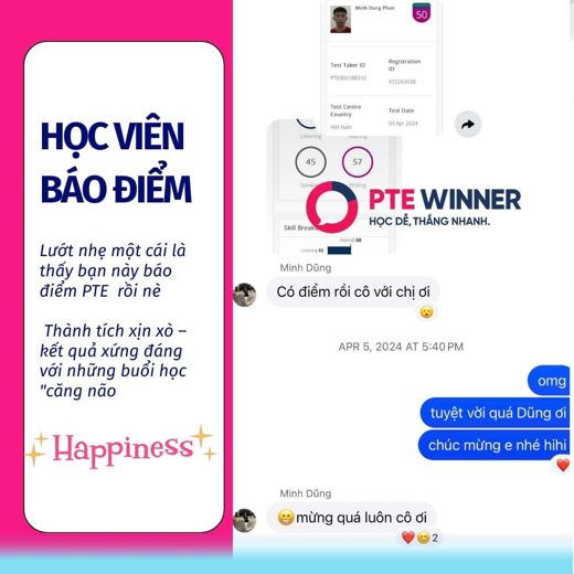 Tin nhắn học viên PTE báo điểm